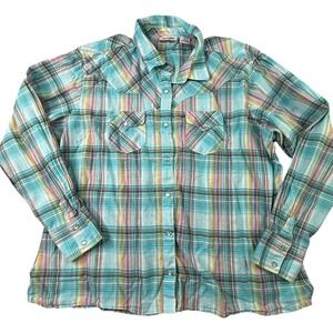Wrangler Womens Pearl Snap Shirt Size XL‎ Long Sleeve Blue Plaid Western Cowgirl